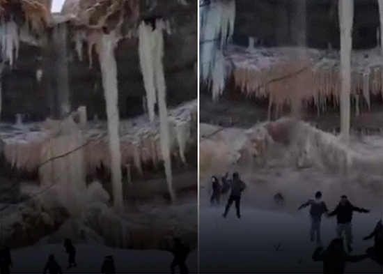 VIDEO: Enorme cascada de hielo da segunda chance a turistas desatentos